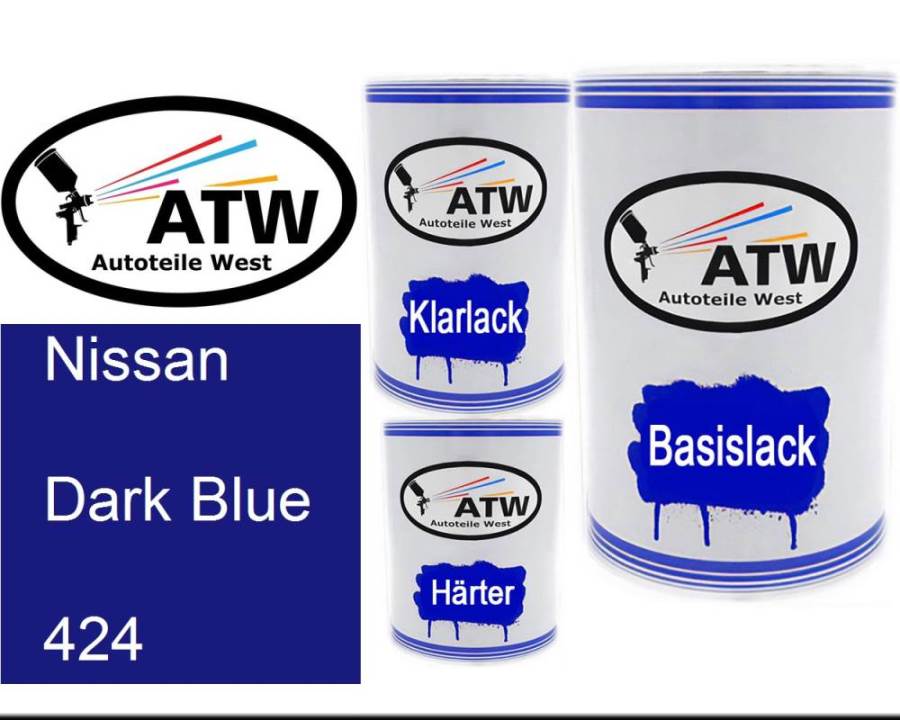 Nissan, Dark Blue, 424: 500ml Lackdose + 500ml Klarlack + 250ml Härter - Set, von ATW Autoteile West.